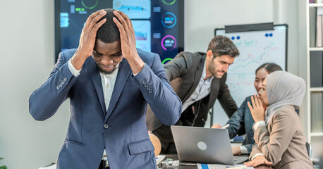 gossip whisper discussion about boss black manager secret mistake problem by Office employee worker colleague in business meeting. gossip whisper head of team in bad news upset unhappy partners.