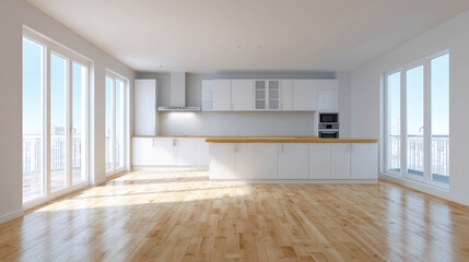 Fototapeta premium Bright and Airy Minimal Kitchen Bathed in Sunlight with Large Windows and Wooden Flooring