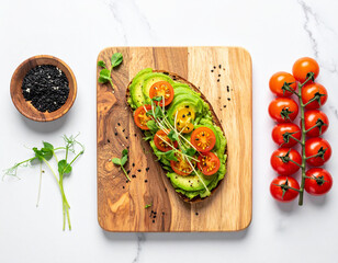 Gourmet avocado toast on a rustic wooden cutting board
