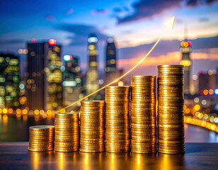 Stack of rising gold coins forming an upward graph