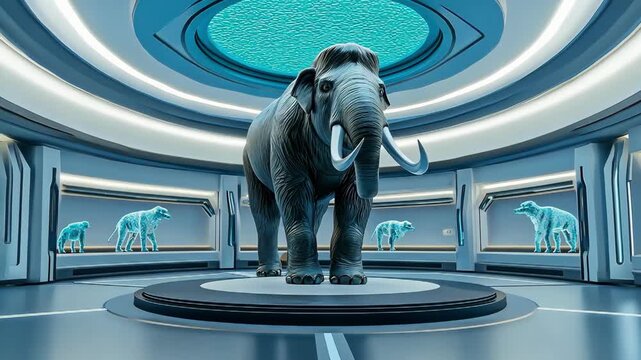 Woolly mammoth exhibit in futuristic museum. Paleontology meets science fiction.