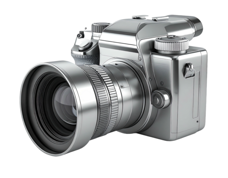 Shiny silver DSLR camera with large lens, isolated on a black background