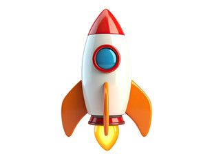 A cartoon-style rocket ship with red, white, and orange features on a black background