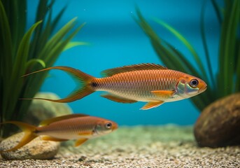 Naklejka premium Radiant Rasbora Fish - A Vibrant Underwater Scene in Aquarium.