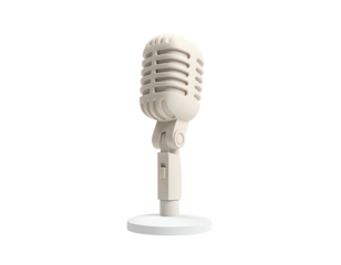 Isolated cream-colored vintage microphone on stand. Classic audio equipment