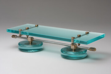 Minimalist lever with frosted glass and metal counterweights illustrating balance and engineering