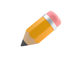 A 3D rendered pencil, sharp tip, eraser, and metal ring