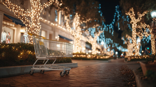 Shopping cart on festive street with holiday lights creates warm, joyful ambiance along tree lined walkway