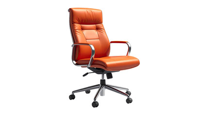 Polished orange leather executive chair, chrome base, on a black background