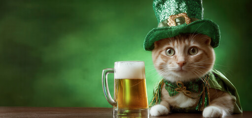 Cat in green leprechaun hat enjoys festive beer on St. Patrick's Day with cheerful decorations