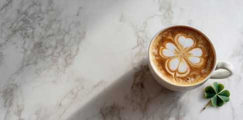 Fototapeta premium Beautiful latte art with a shamrock design on a marble table during morning coffee time