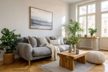 Fototapeta premium Cozy living room with modern decor, plants, and natural light creating a warm atmosphere in an urban apartment