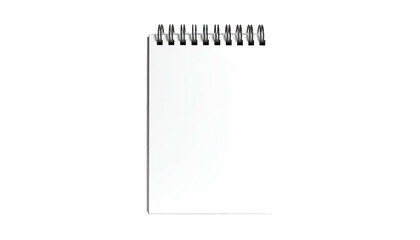 A vertically oriented, spiral-bound notebook with blank white pages against black