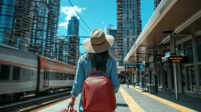 Woman with backpack waits for train in city. Travel and urban exploration.