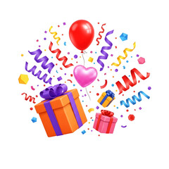 Festive gift boxes with confetti and balloons colorful 3D vector illustration for birthday celebration i