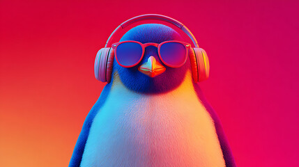 A cheerful penguin wearing headphones and sunglasses stands against a vibrant neon gradient, glow!!