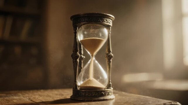 An antique hourglass sits atop a wooden surface, sand flowing, in a soft, warm-lit room