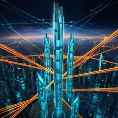 Futuristic cityscape with towering neon skyscrapers illuminated by vibrant orange light trails symbolizing advanced technology and urban connectivity