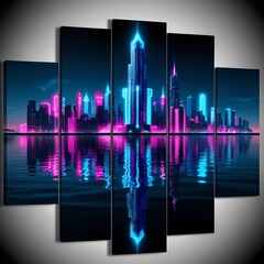 Vibrant neon cityscape reflection at night with towering skyscrapers illuminated by electric blue and pink lights