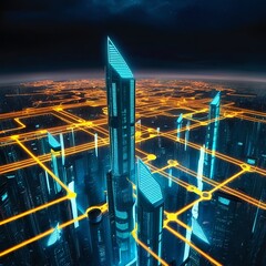 Futuristic cityscape at night with glowing neon skyscrapers and illuminated transportation network reflecting in the wet streets