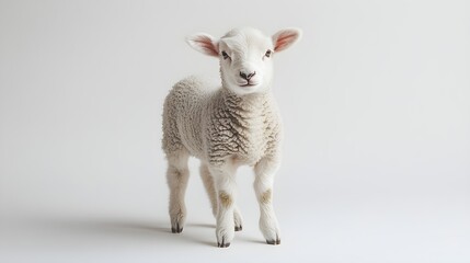 Obraz premium A cute, fluffy lamb with soft, white wool stands in a studio setting, showcasing its innocent gaze. The lamb is the central focus.
