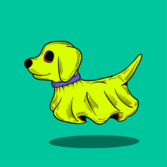 A cute yellow dog cartoon illustration with a ghost-like appearance floating above the ground. Perfect for Halloween, pet-themed designs, stickers, and t-shirt prints.