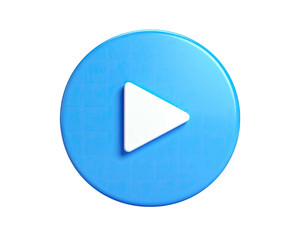 A vibrant blue circular button with a white play triangle, isolated on black