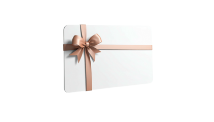 A white rectangular gift card wrapped with a tan ribbon and bow, isolated on black