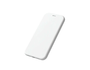 Angled, white, rectangular device with rounded corners, camera, and blank screen on black