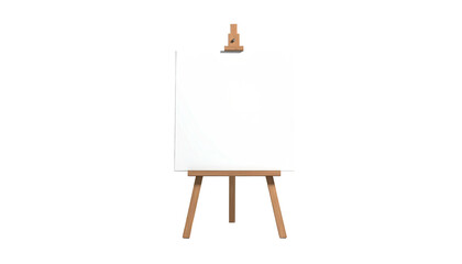 Wooden easel holding blank white canvas, set against black background