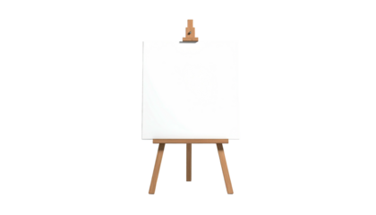 Wooden easel holding blank white canvas, set against black background