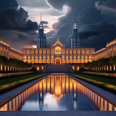 Majestic illuminated palace building with grand reflecting pool and dramatic stormy sky at dusk