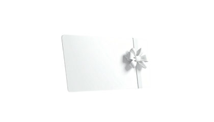 Blank white rectangular gift card with a white ribbon bow on a black background