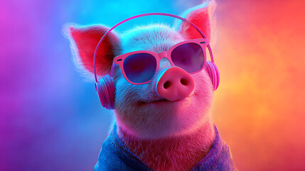Portrait of a pink pig wearing red sunglasses and headphones against vivid neon gradient background