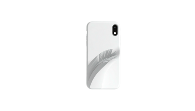 A white phone case featuring a stylized, layered feather-like design