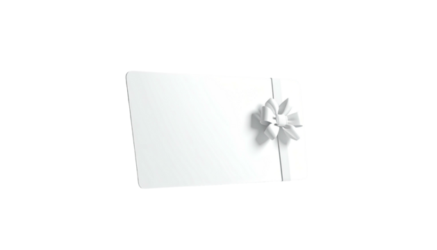 Blank white rectangular gift card with a white ribbon bow on a black background