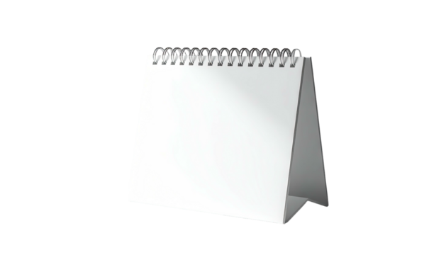 A blank white desktop calendar with a spiral bound top, set against black