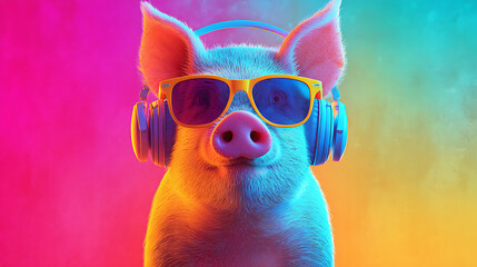 A cheerful pig wearing blue headphones and orange sunglasses against a vivid rainbow gradient today
