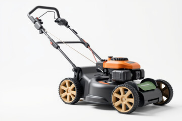 Fototapeta premium Modern push lawn mower with orange engine and ergonomic handle, ready for mowing grass