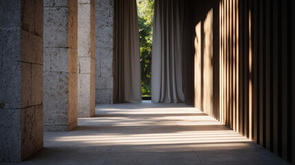 Fototapeta premium Modern architectural walkway with vertical wooden louvers casting shadows in natural lighting through draped curtains and stone columns