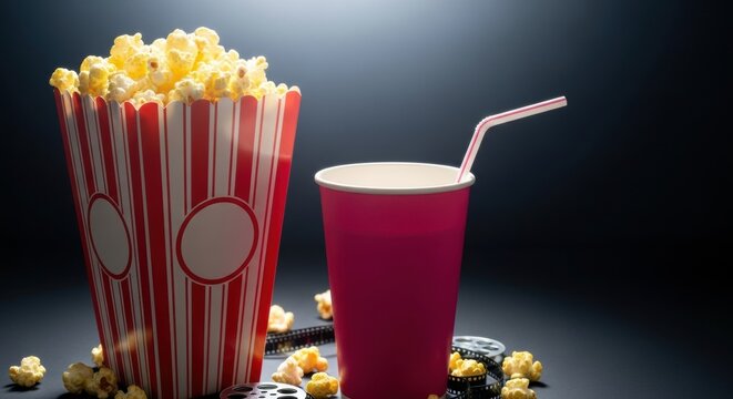 Still life of popcorn in striped bucket with drink and film reels on dark background studio shot