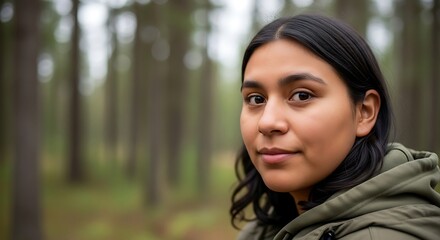 Portrait of a serene young woman with dark hair in a green jacket standing in a peaceful forest.