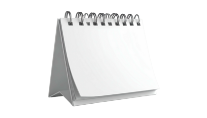 White desk calendar with spiral binding, standing on a black background