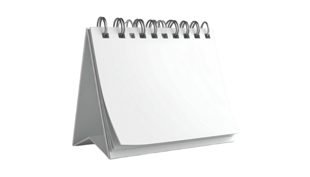 White desk calendar with spiral binding, standing on a black background