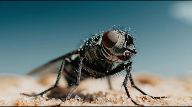 Extreme macro close-up of a housefly on sandy surface with detailed texture and blue sky background, insect photography concept  