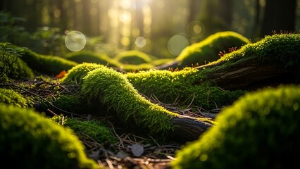 Lush Green Moss Growing on Log in Forest with Sunlight