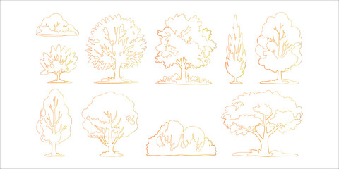 Outlined Trees and Bushes in Gradient Style for Landscape Design Elements and Nature Illustrations