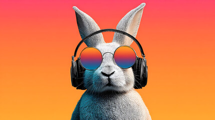 A stylish rabbit wearing oversized headphones and round gradient sunglasses under a warm sunset now!