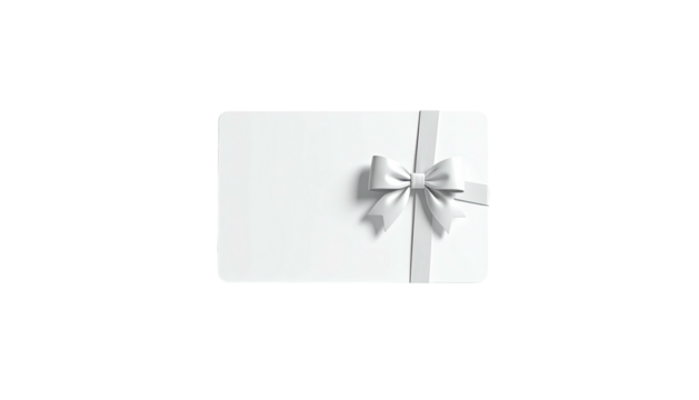 A white gift card with a silver ribbon and bow, presented on a black background