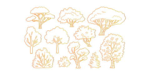 Outlined Tree Collection with Gradient Fill: Diverse Forest Elements for Design Projects